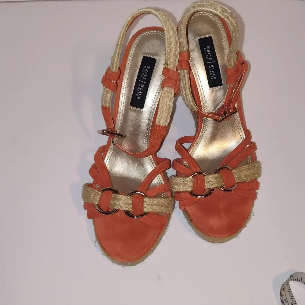 White House Black Market Juniper Leather/Cork Wedges Orange 6 1/2 Women's